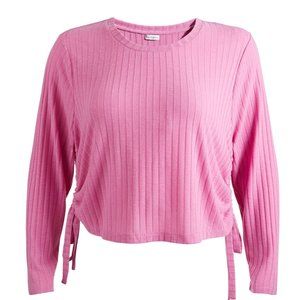 Love Fire Crew Neck Ribbed Top Pink Stretch Long Sleeve Plus 2X